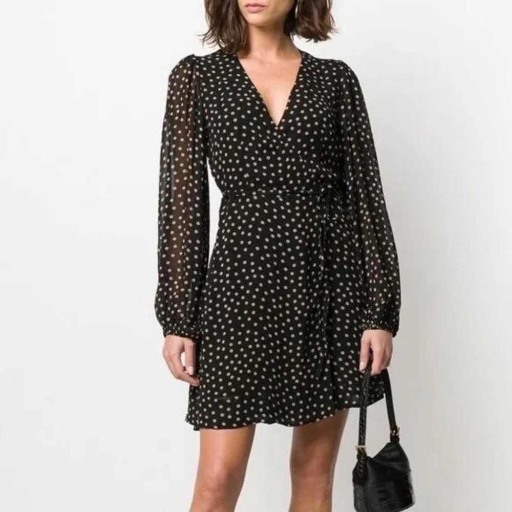 GANNI Polka-Dot Georgette Mini Wrap Dress in Black